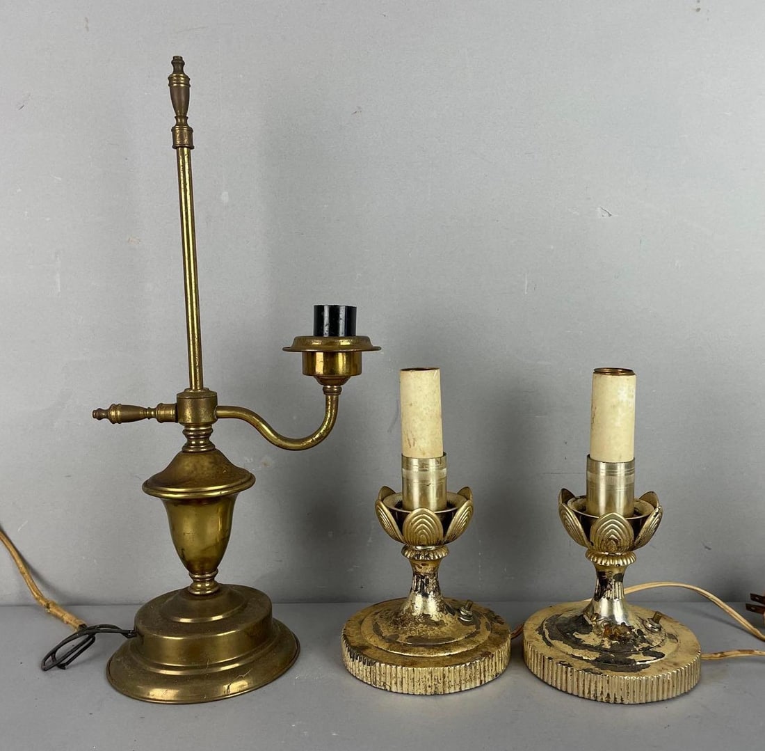 Group of 3 Vintage Table Lamps: Untested, brass desk lamp measures 17 1/4 inches x 9 inches x 5 1/2 inches