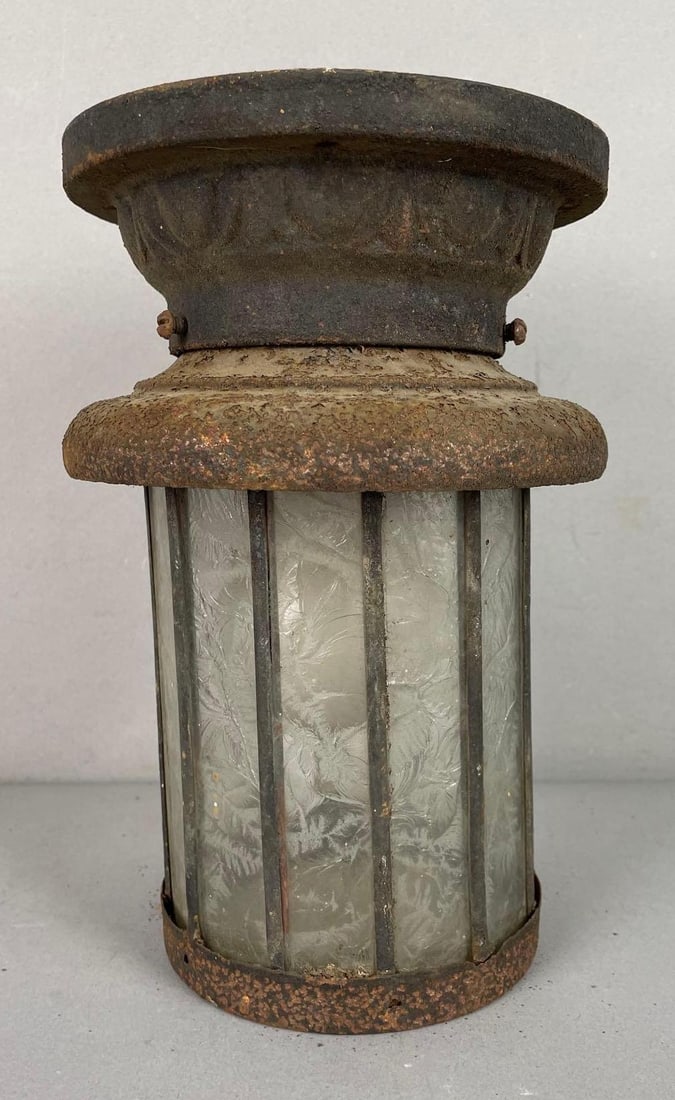 Antique Metal and Etched Glass Pendant Ceiling Light Fixture (1 of 3)
