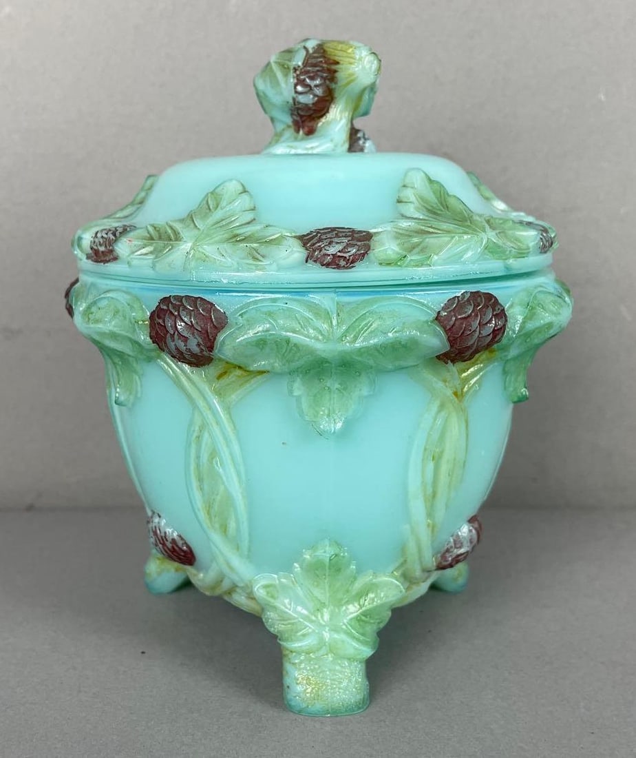 Vintage Portieux Vallerysthal Opalescent Blue Painted Candy Dish: Portieux marked on underside of lid, measures 5 1/2 inches x 4 1/2 inches