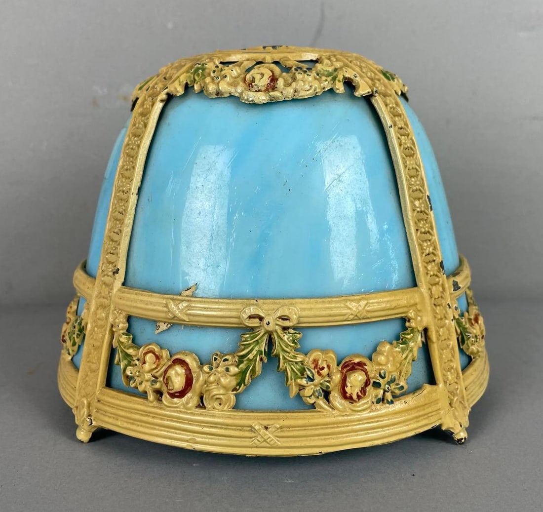Antique Blue Slag Glass Painted Ornate Metal Lamp Shade: Wreath pattern, measures 5 inches x 7 inches