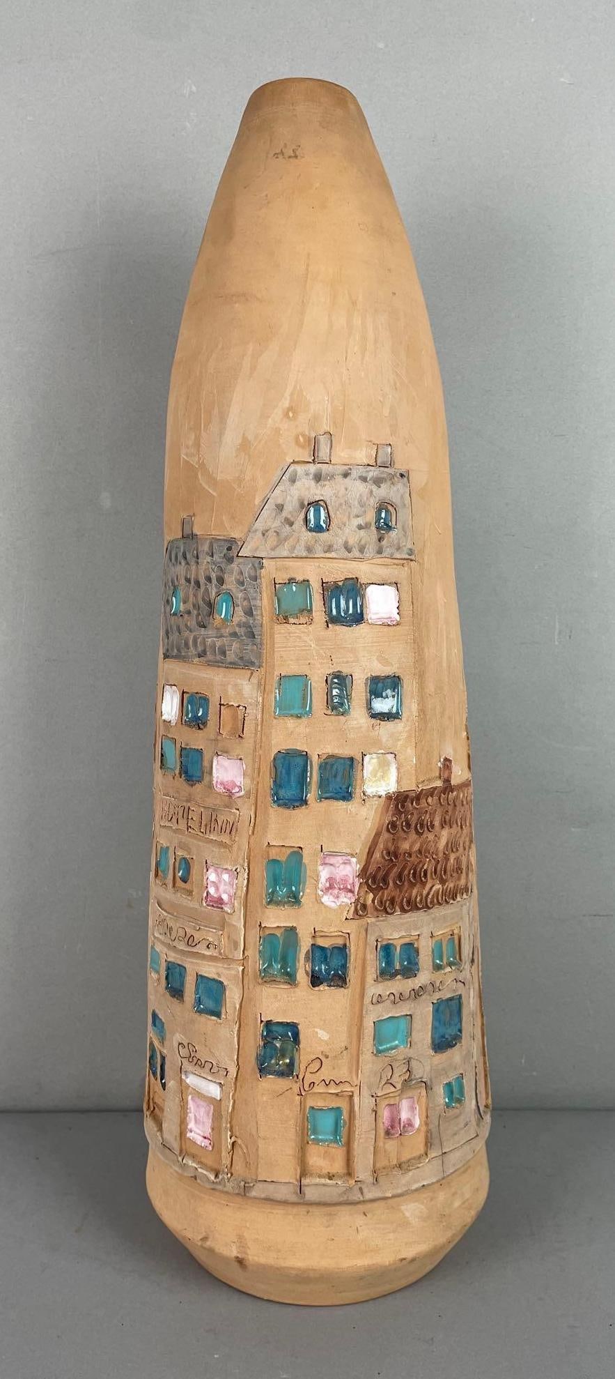 Vintage Raymor Italy Architectural Relief Pottery Vase: Raymor Italy 202 on base, measures 20 1/4 inches x 6 1/4 inches