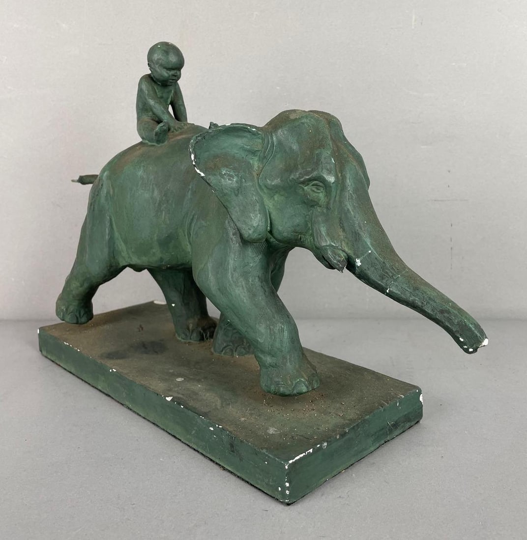 Vintage Chalkware Boy Riding Elephant Statue (1 of 5)