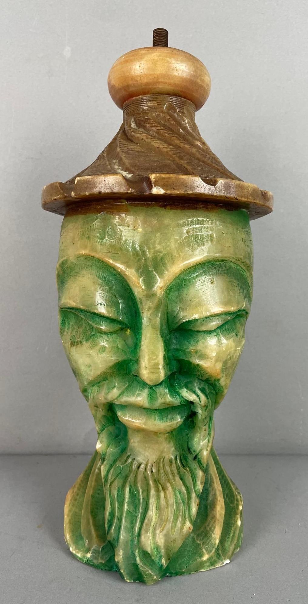 Vintage Carved Stone Asian Man Bust Lamp Base: Stained stone, measures 12 1/2 inches x 5 3/4 inches