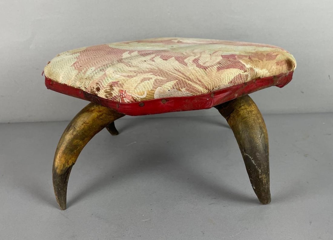Victorian Steer Horn Cushioned Footstool: Measures 7 1/2 inches x 14 inches x 14 inches
