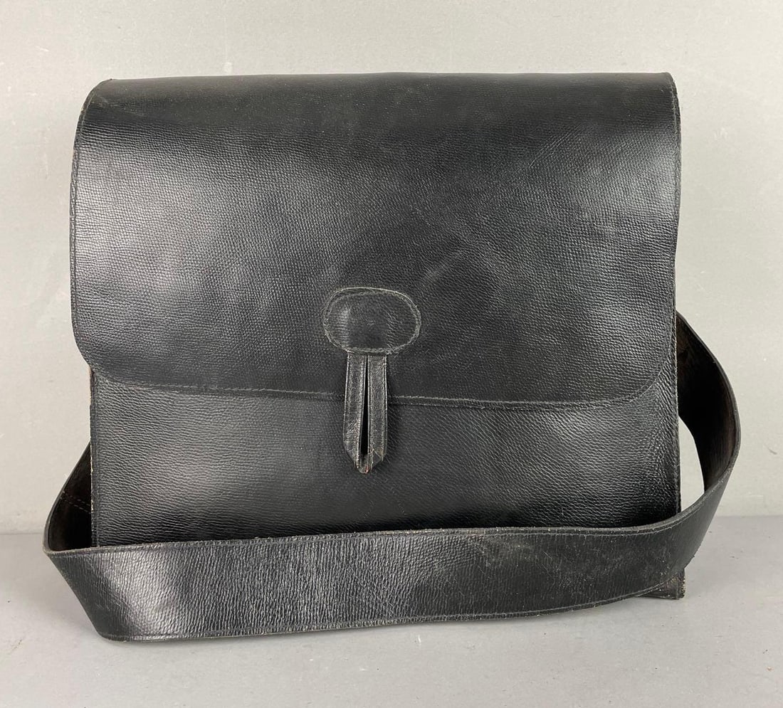 Vintage Black Leather Crossbody Messenger Bag: Measures 12 1/2 inches x 14 inches x 5 1/2 inches