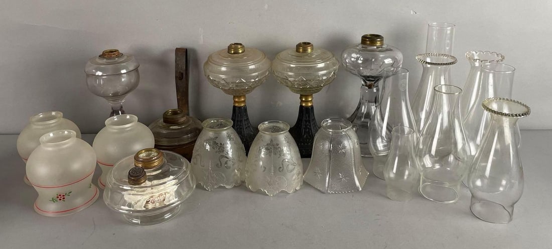 Group of Antique Oil Lamp Bases, Chimneys and More (1 of 3)