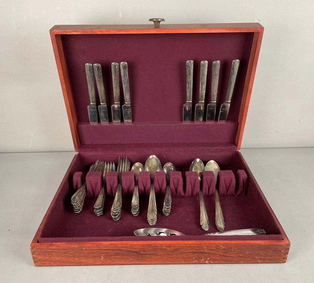 Set the f Vintage Monroe Silver Plated Flatware: Service for 8, serving spoons, wood box measures 12 inches x 16 inches x 3 1/4 inches