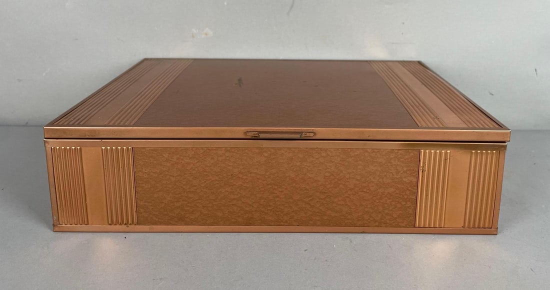Art Deco Copper on Wood Humidor Box: Measures 3 1/2 inches x 14 1/2 inches x 10 1/2 inches