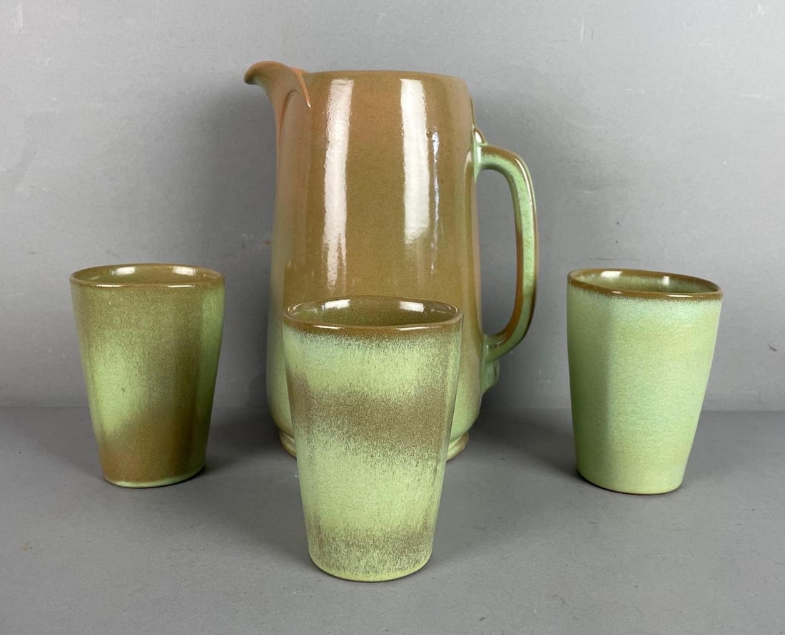 Frankoma Pottery Plainsman Prairie Green Water Pitcher with Cups (1 of 4)