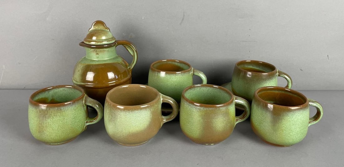 Frankoma Pottery Plainsman Prairie Green Creamer with Mugs: Includes 2 saucers, creamer measures 7 inches x 5 inches x 4 1/2 inches