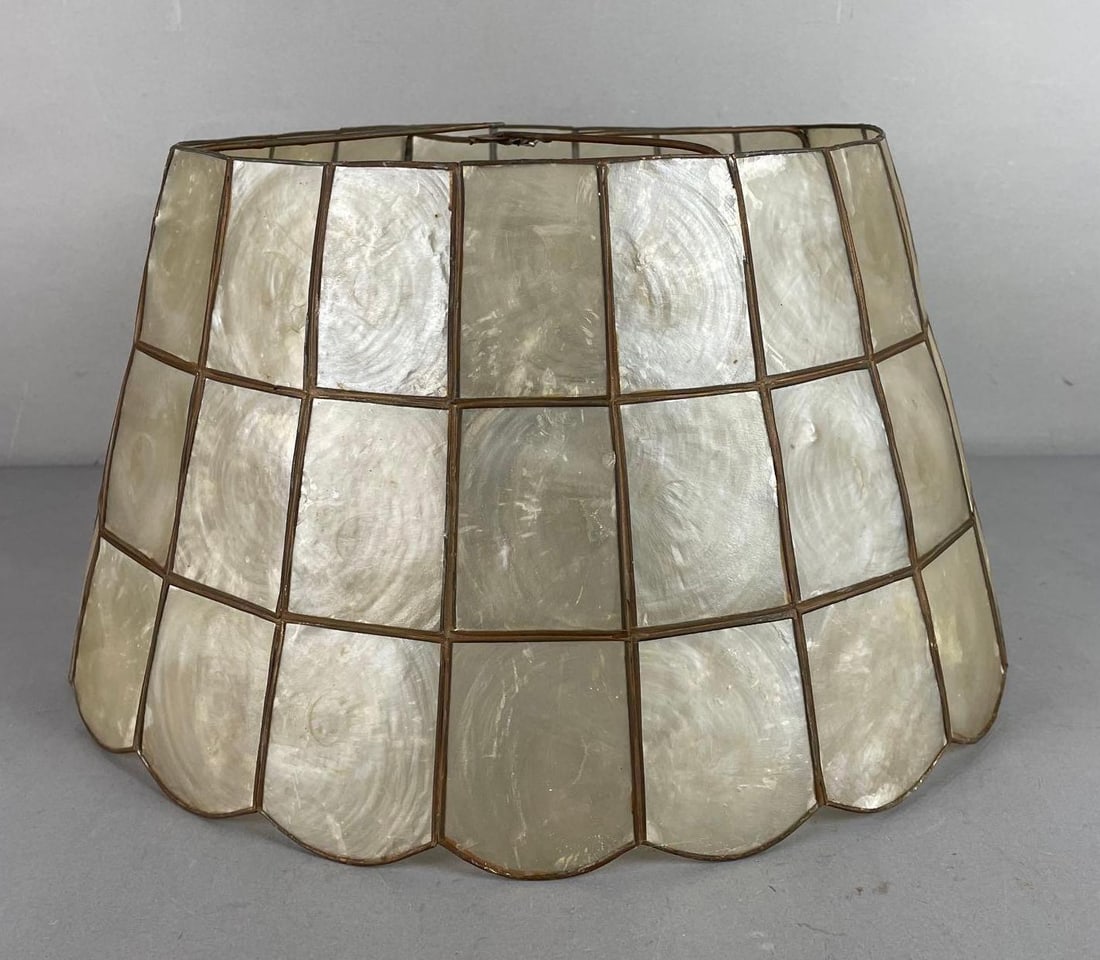 Vintage MCM Capiz Shell Lamp Shade: Top shade support needs repair, measures 8 3/4 inches x 15 1/2 inches