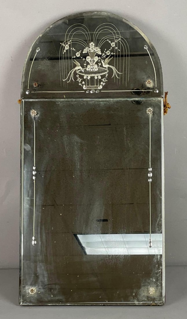 Victorian Etched Wall Mirror: Birds and floral design, gilded wood edges, measures 24 1/4 inches x 12 inches