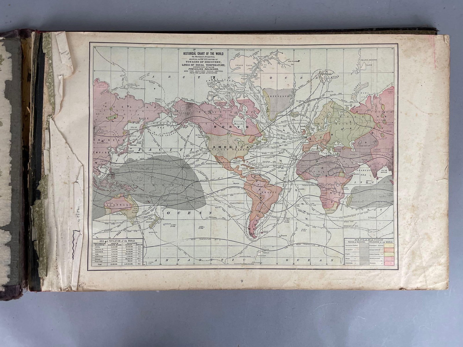 1902 Tunison's Atlas, Encyclopedia, Gazetteer and Portfolio: Universe globe and nation, binding breaking, missing first pages, measures 15 inches x 24 inches