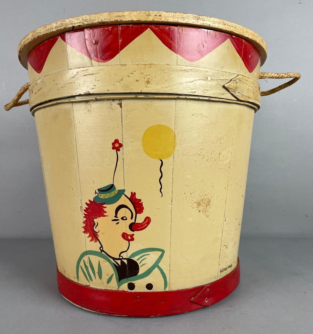 Vintage Helen Hume Signed Ringling Circus Wood Pail with Lid (1 of 6)