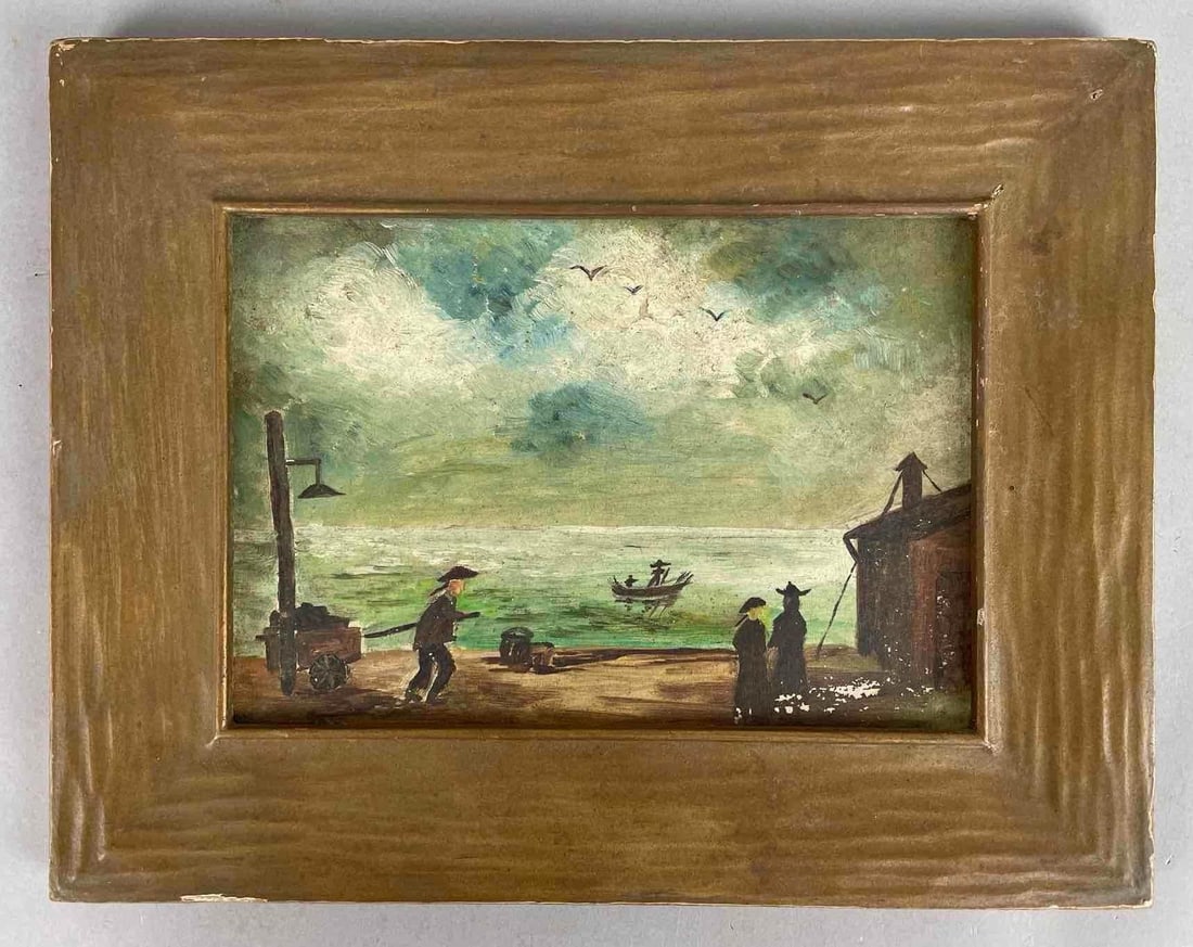Vintage Asian Fishing Village Scene Oil on Canvas Painting: Possibly acrylic, some paint missing , frame measures 11 inches x 14 inches