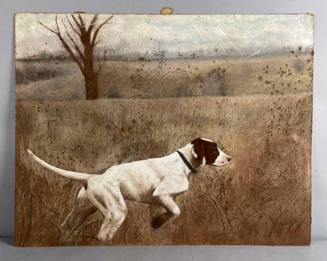 Vintage Hunting Dog Pastel on Board: Spots across front of artwork, measures 22 inches x 28 inches