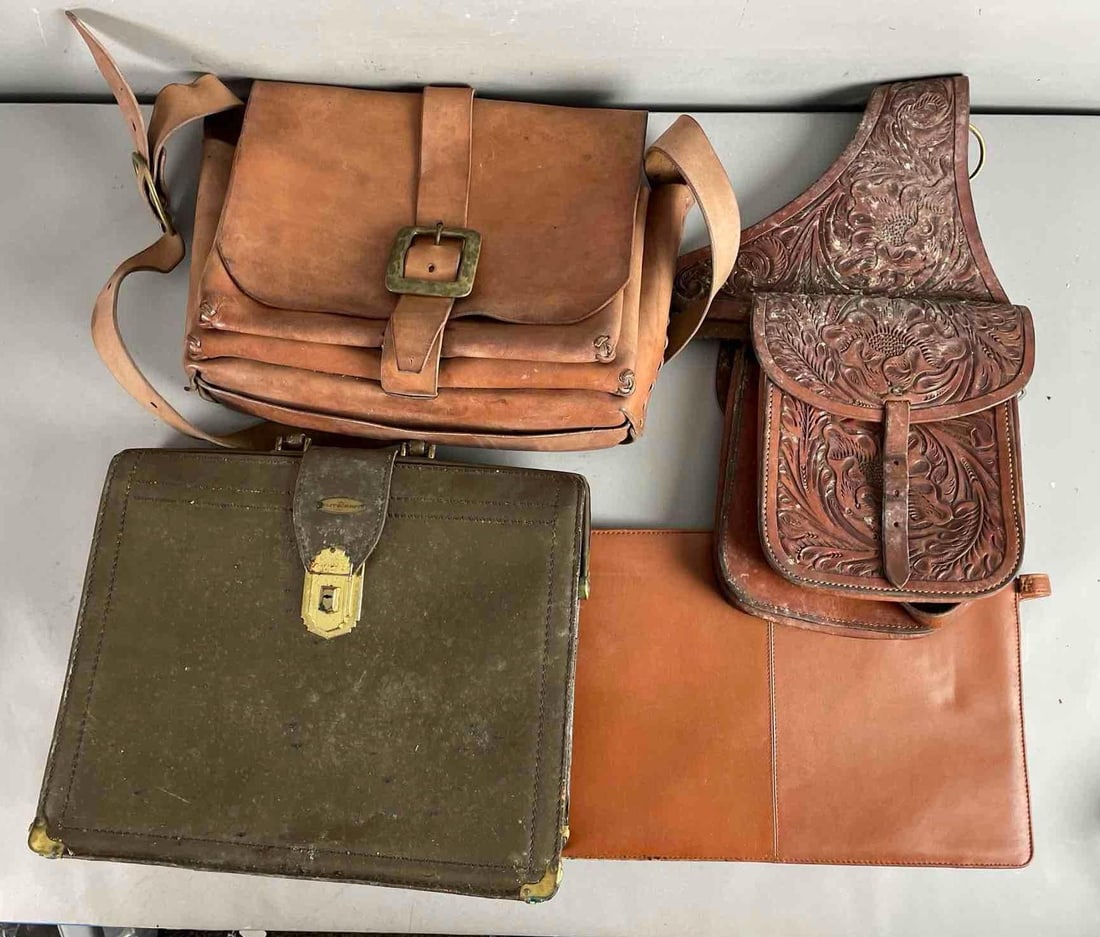 Group of Assorted Vintage Leather Bags: Includes saddle bags, flitecrest doctors bag measures 14 inches x 16 inches x 5 1/4 inches