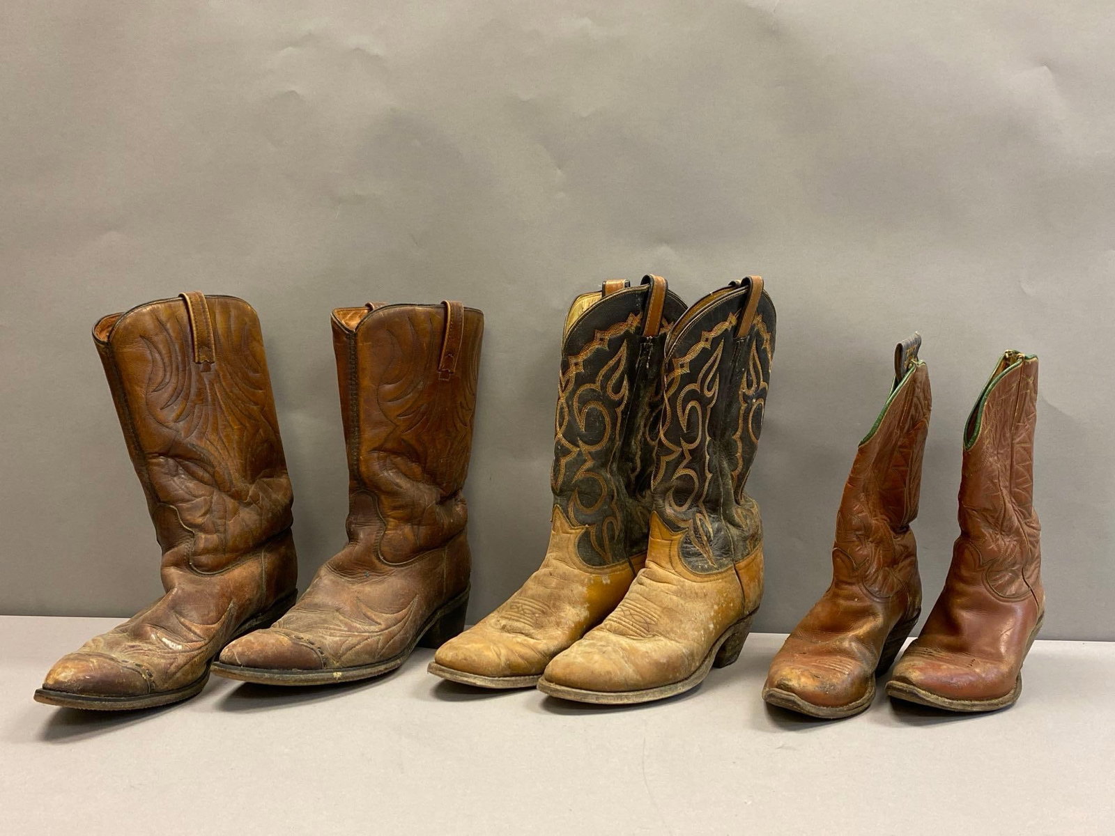3 Pairs of Vintage Leather Cowboy Boots: Needs cleaning, Largest outersole measures 12 inches in length
