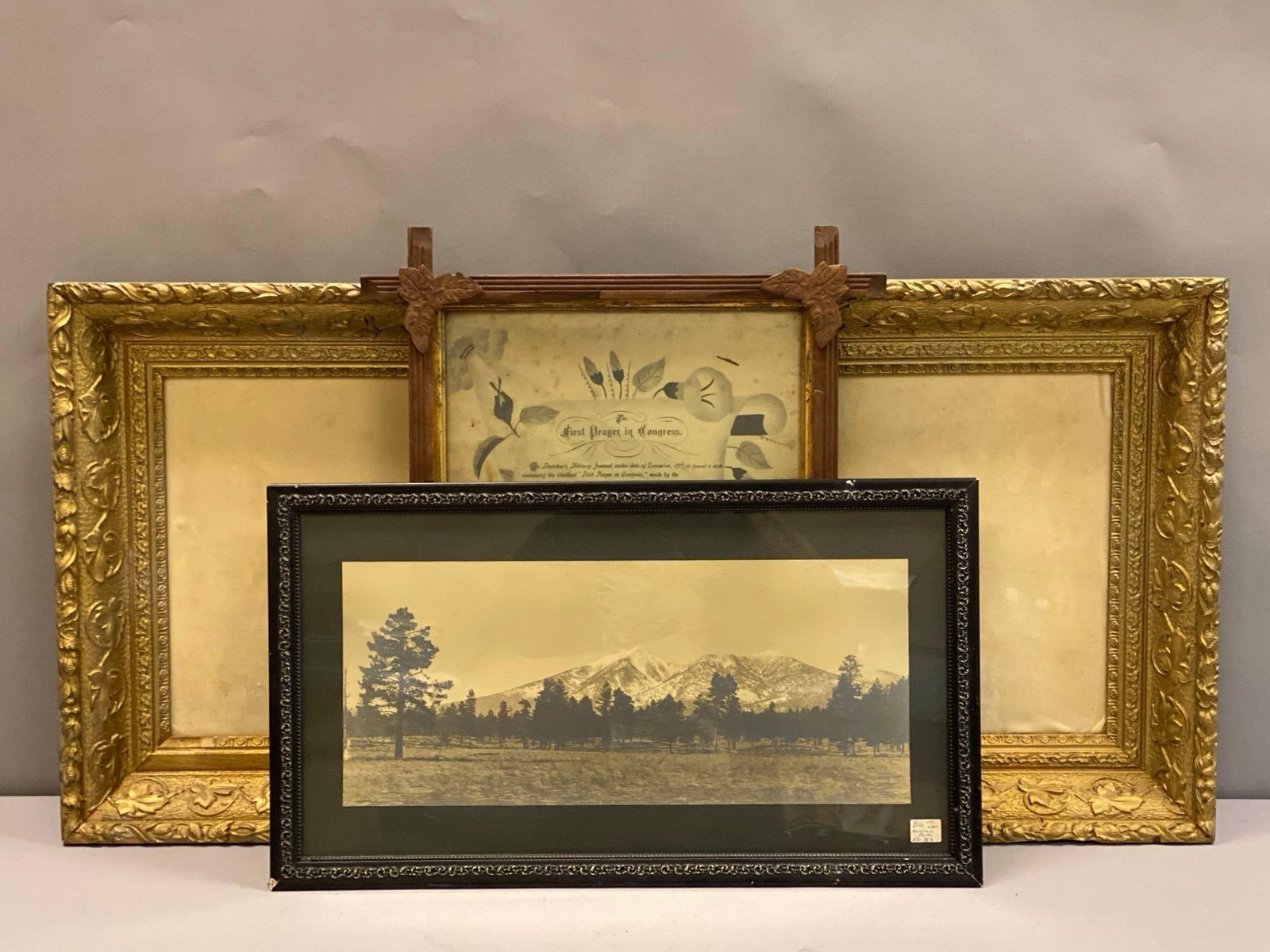 Group of 4 Vintage Frames and More: Includes photo of mountain scene, The first prayer in congress print and 2 velvet backed frames, largest measures 21 1/2 inches H x 17 inches W