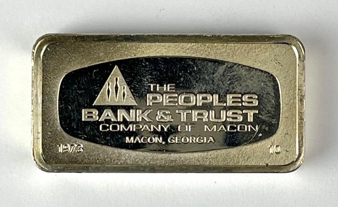 1973 The Franklin Mint 1000 Grain/ 2.32 oz Sterling Silver Ingot/ Bar: No.10, the Peoples Bank and Trust Company of Macon. Macon, Georgia.