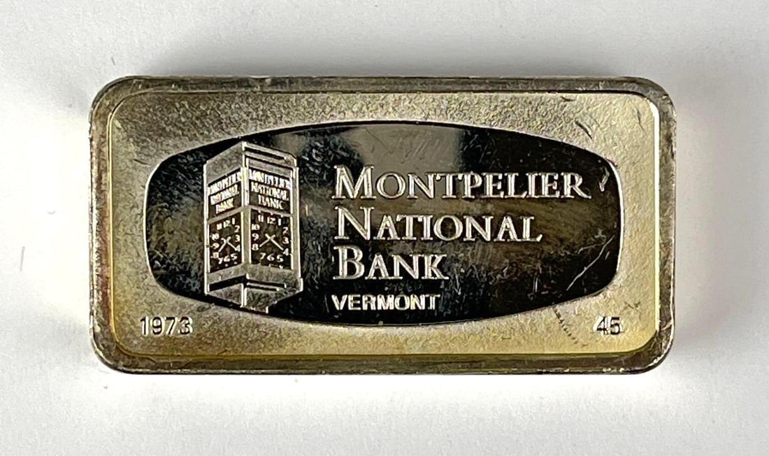 1973 The Franklin Mint 1000 Grain/ 2.32 oz Sterling Silver Ingot/ Bar: No. 45, Montpelier National Bank, Vermont.