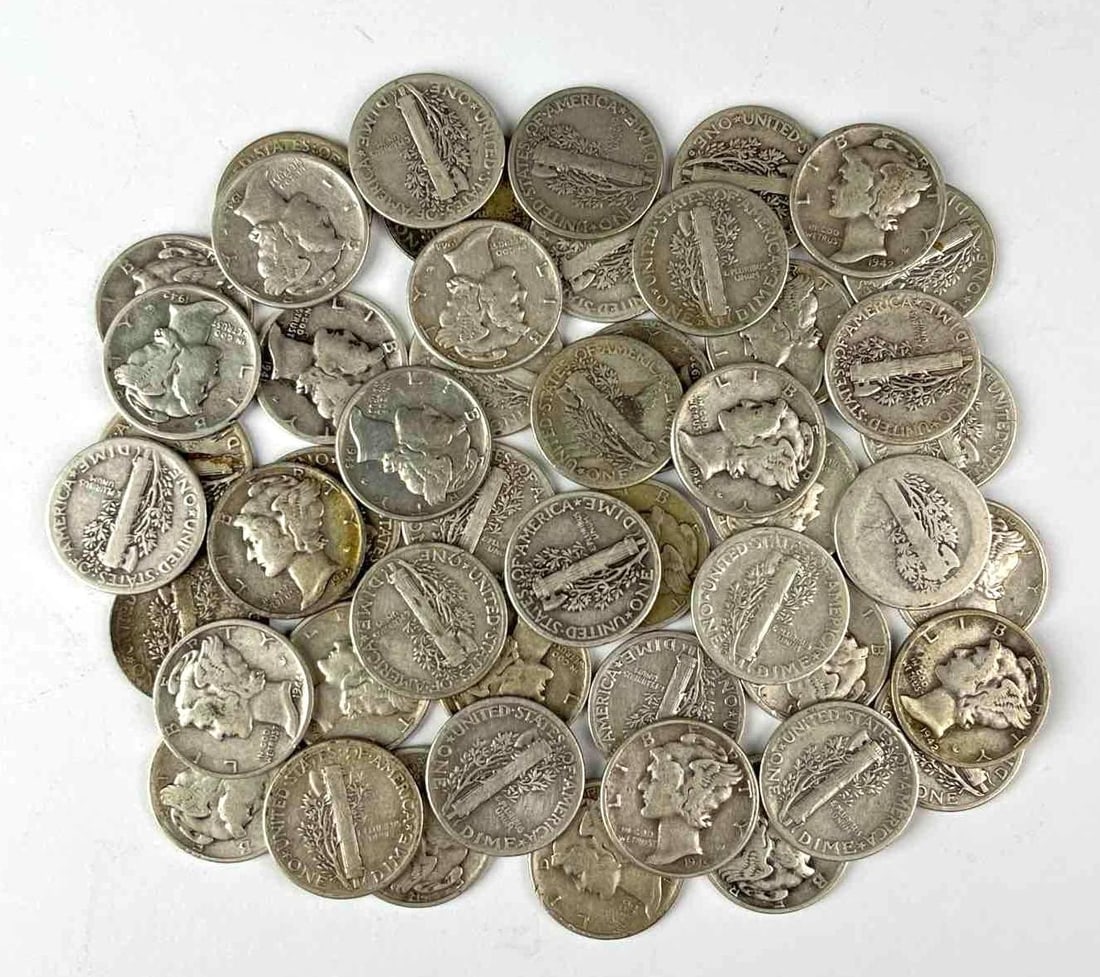 Group of 50 US Mercury 90% Silver Dimes in a Roll: Includes years 1942, 1943, 1936 and more.