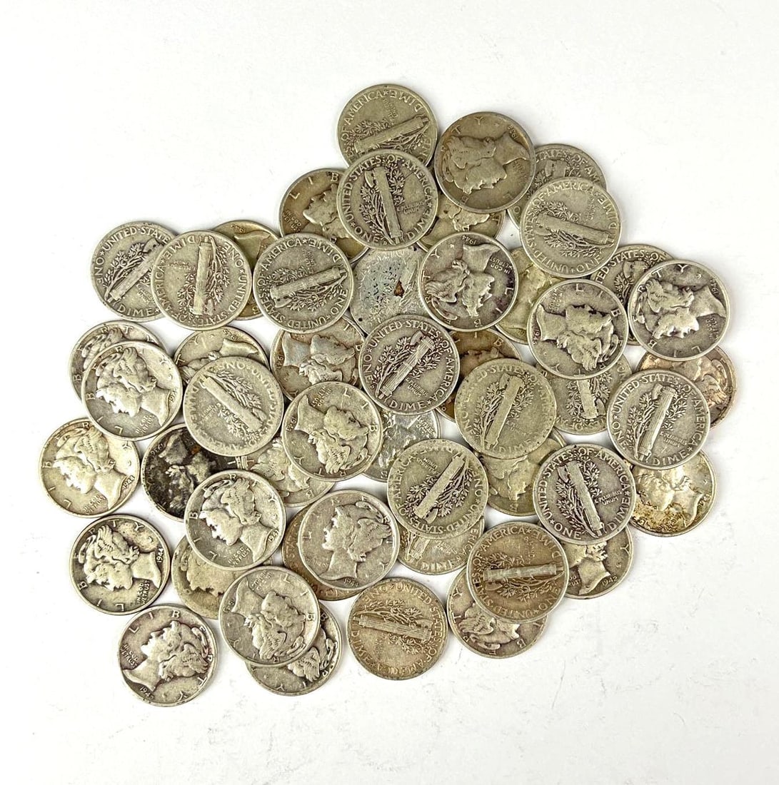 Group of 50 US Mercury 90% Silver Dimes in a Roll: Includes years 1940, 1944, 1935 and more.