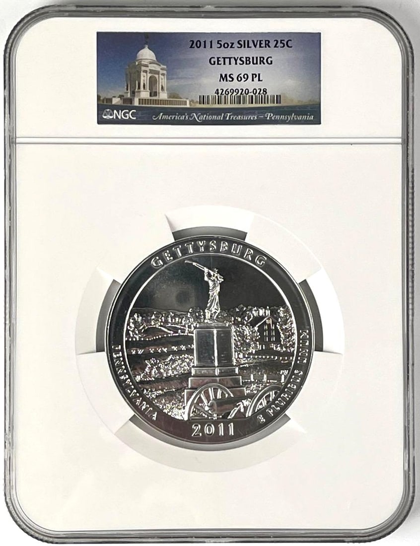 2011 US ATB Gettysburg Pennsylvania 5 oz .999 Fine Silver Round NGC MS69 PL: 2011 US ATB Gettysburg Pennsylvania 5 oz .999 Fine Silver Round NGC MS69 PL