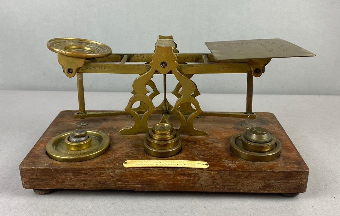 Antique S. Morgan and Co. Postal Office Letter Scale: Measures H 5 x W 5 1/2 x L 10 1/2 inches. Missing few weights