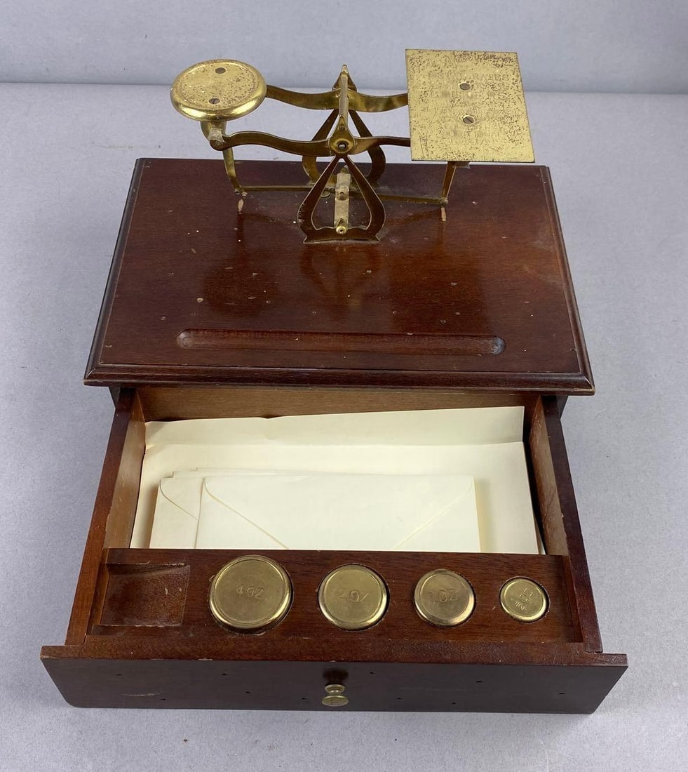 Vintage Postal Office Letter Scale: Has weights and letters. Measures H 6 x W 7 x L 10