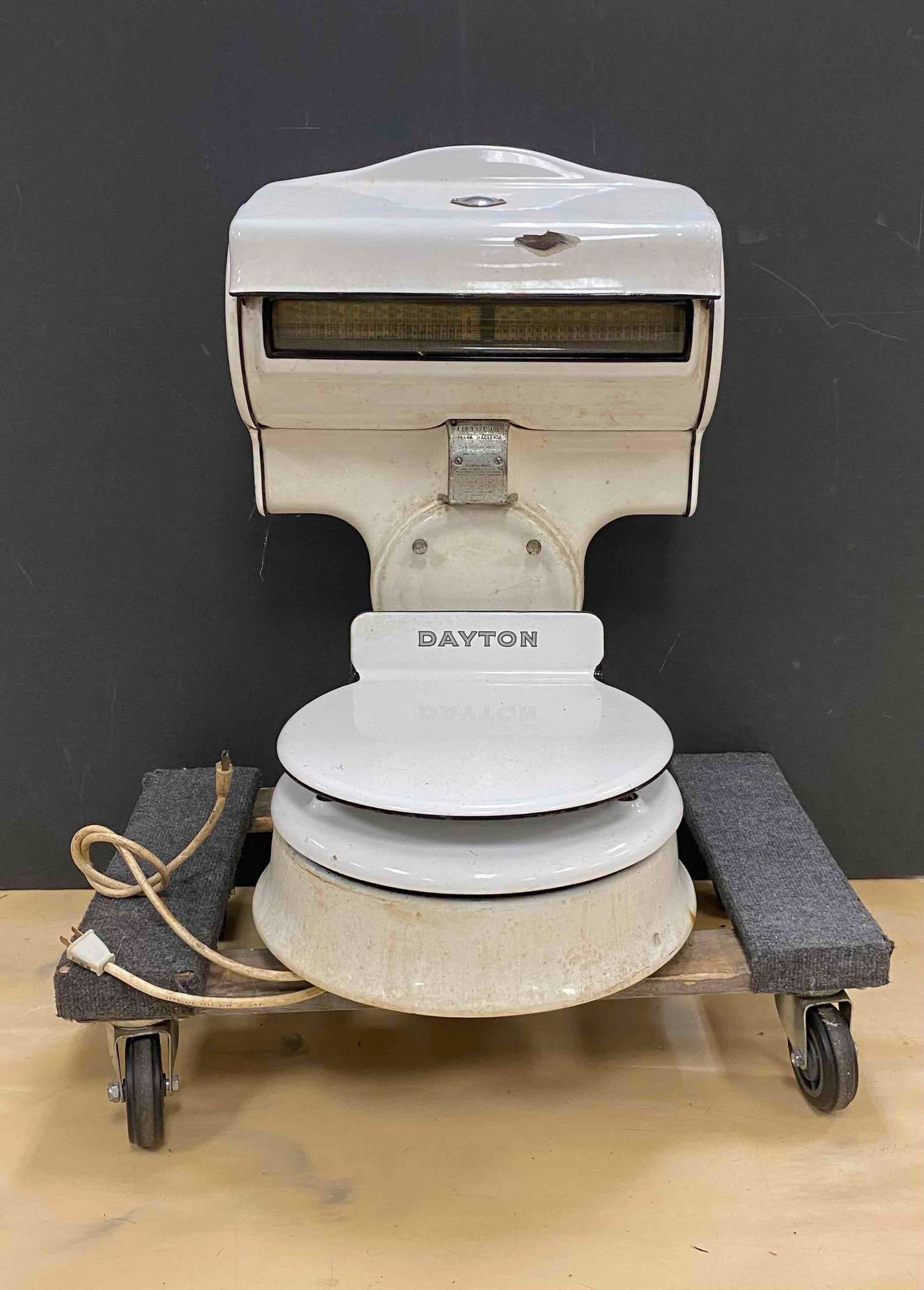 Antique 1950s Dayton Enamel Porcelain Food Scale: Measures H 27 x W 12 x L 18 inches. No in house Shipping. Third party recommended
