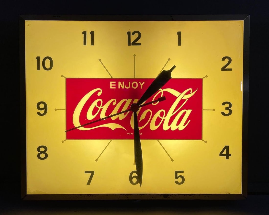 Vintage Coca-Cola Light-Up Advertising Clock: Working condition, bubble glass, Swihart products, measures 14 inches x 16 inches x 4 1/2 inches