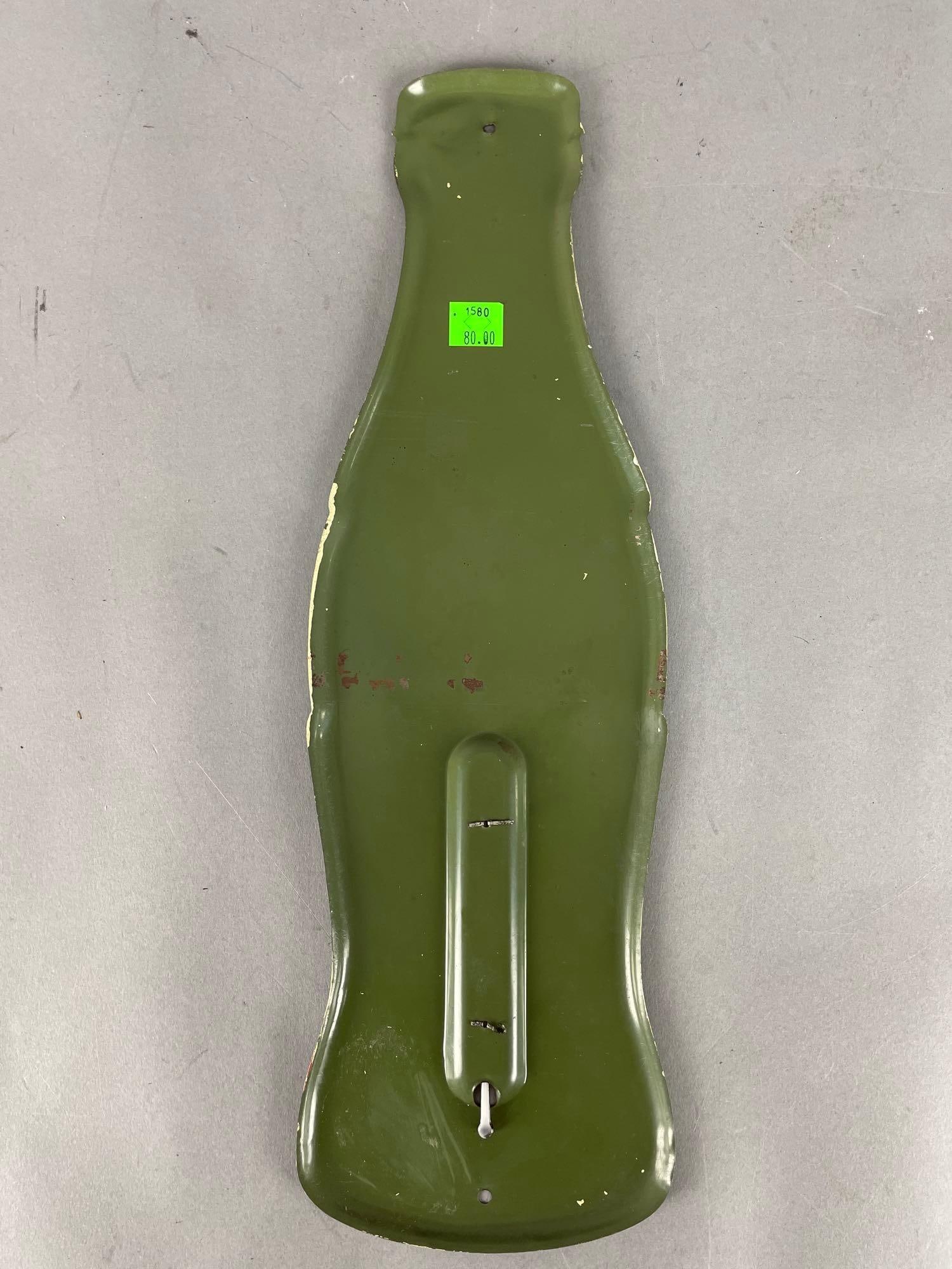 Vintage Coca-Cola Bottle Metal Advertising Thermometer: Trademark registered, working condition, measures 17 inches x 5 1/4 inches