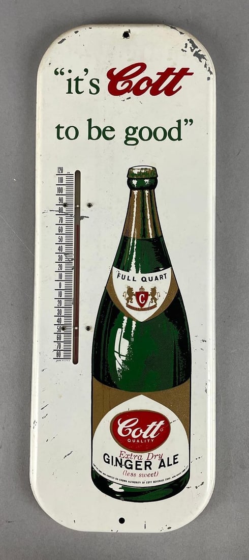 Vintage Cott Ginger Ale Metal Advertising Thermometer: Working condition, measures 16 inches x 6 inches