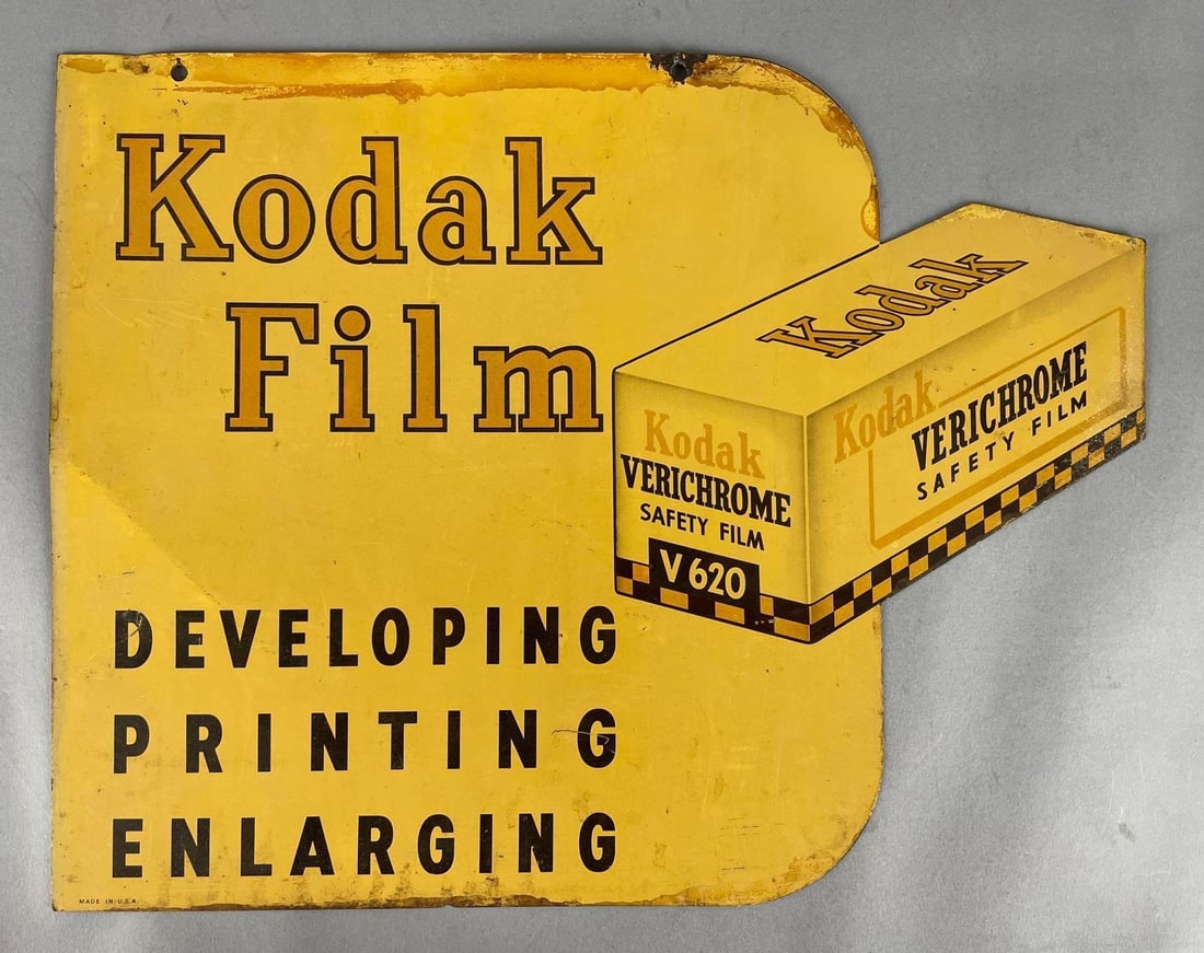 Vintage Kodak Film Double Sided Metal Advertising Sign: Measures 14 inches x 17 3/4 inches