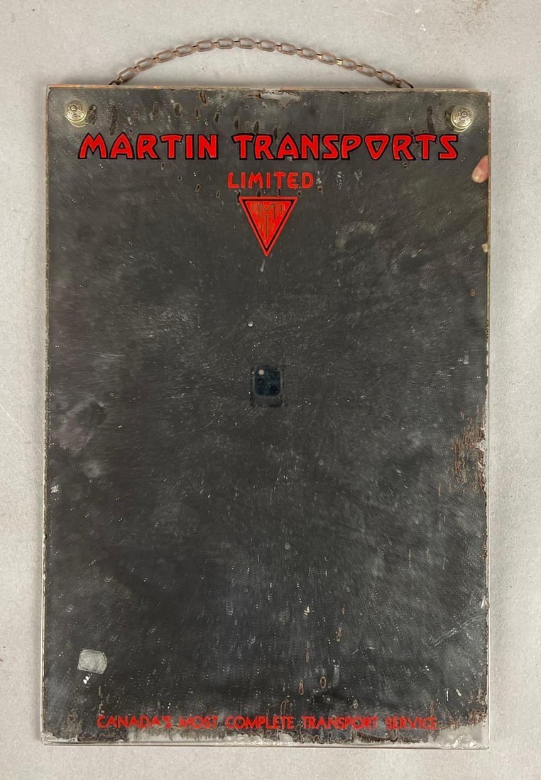 Vintage Martin Transports Limited Advertising Mirror: Missing silver, measures 14 inches x 9 1/2 inches