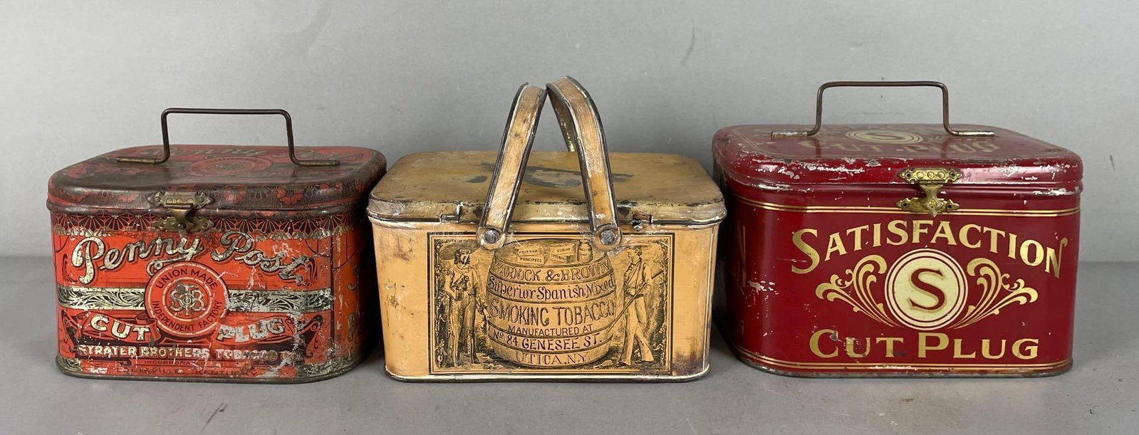 Group of 3 Vintage Tobacco Advertising Tins: Includes penny post, warnick and brown, satisfaction measures 5 inches x 8 inches x 5 1/4 inches