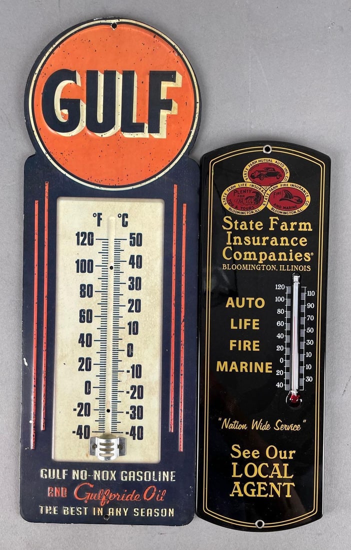 Group of 2 Modern Advertising Thermometers: gulf oil missing thermometer, measures 15 1/4 inches x 5 1/2 inches