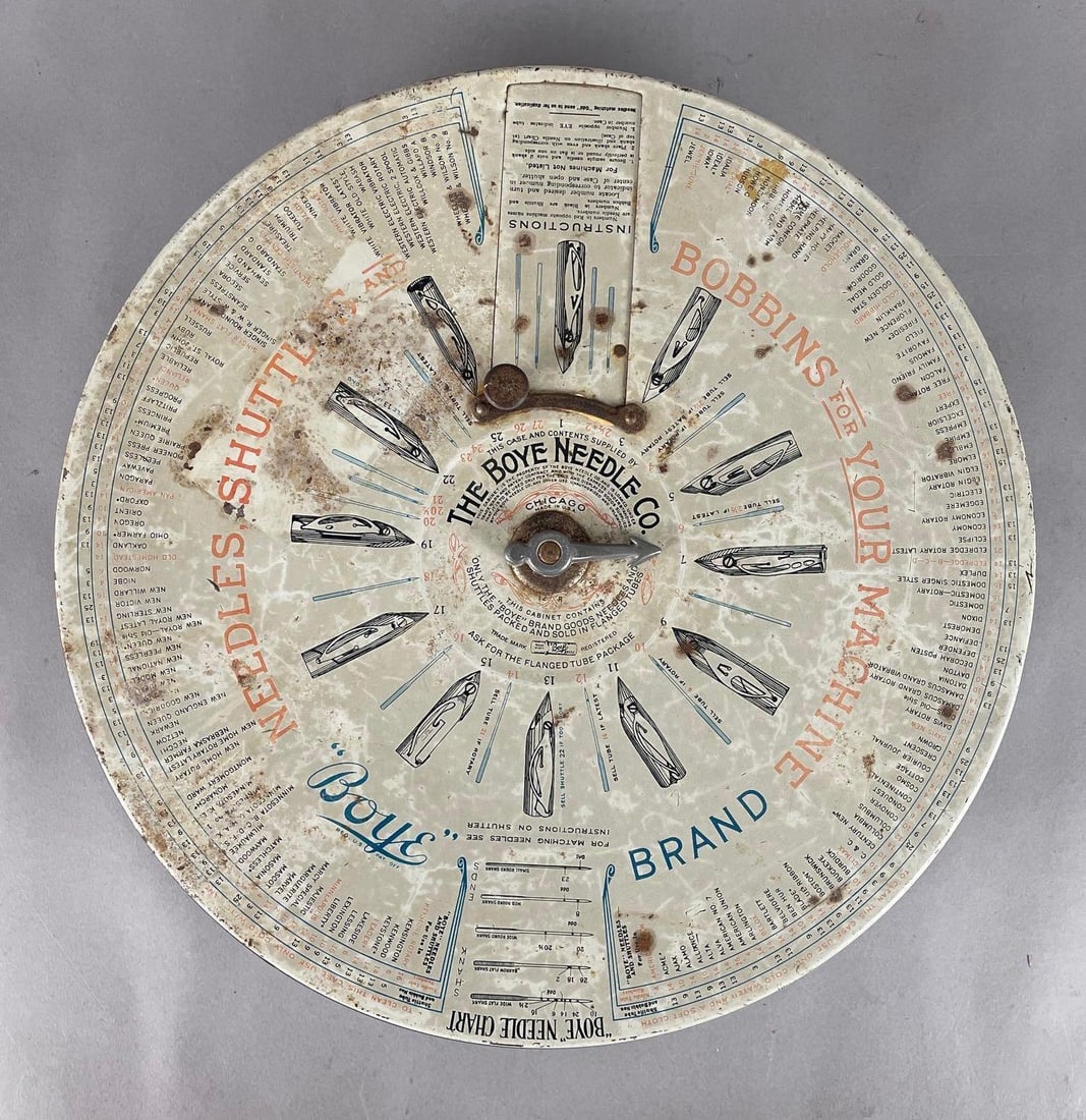 Vintage Boye Needle Co. Metal Advertising Counter Display: Working condition dial and door, empty, measures 3 1/2 inches x 16 inches