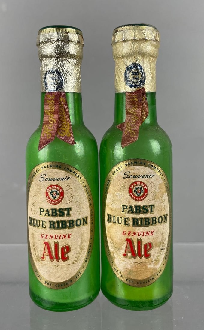 Group of 2 Vintage Miniature Pabst Blue Ribbon Ale Bottles: Sealed souvenir bottles with ribbons, 4 1/2 inches