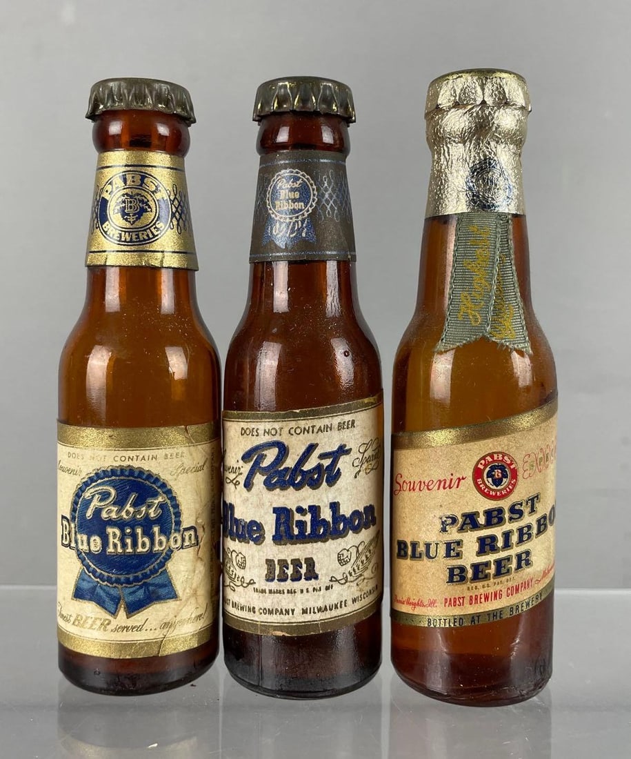 Group of 3 Vintage Miniature Pabst Blue Ribbon Beer Bottles: Includes sealed souvenir bottle with liquid, 4 1/2 inches
