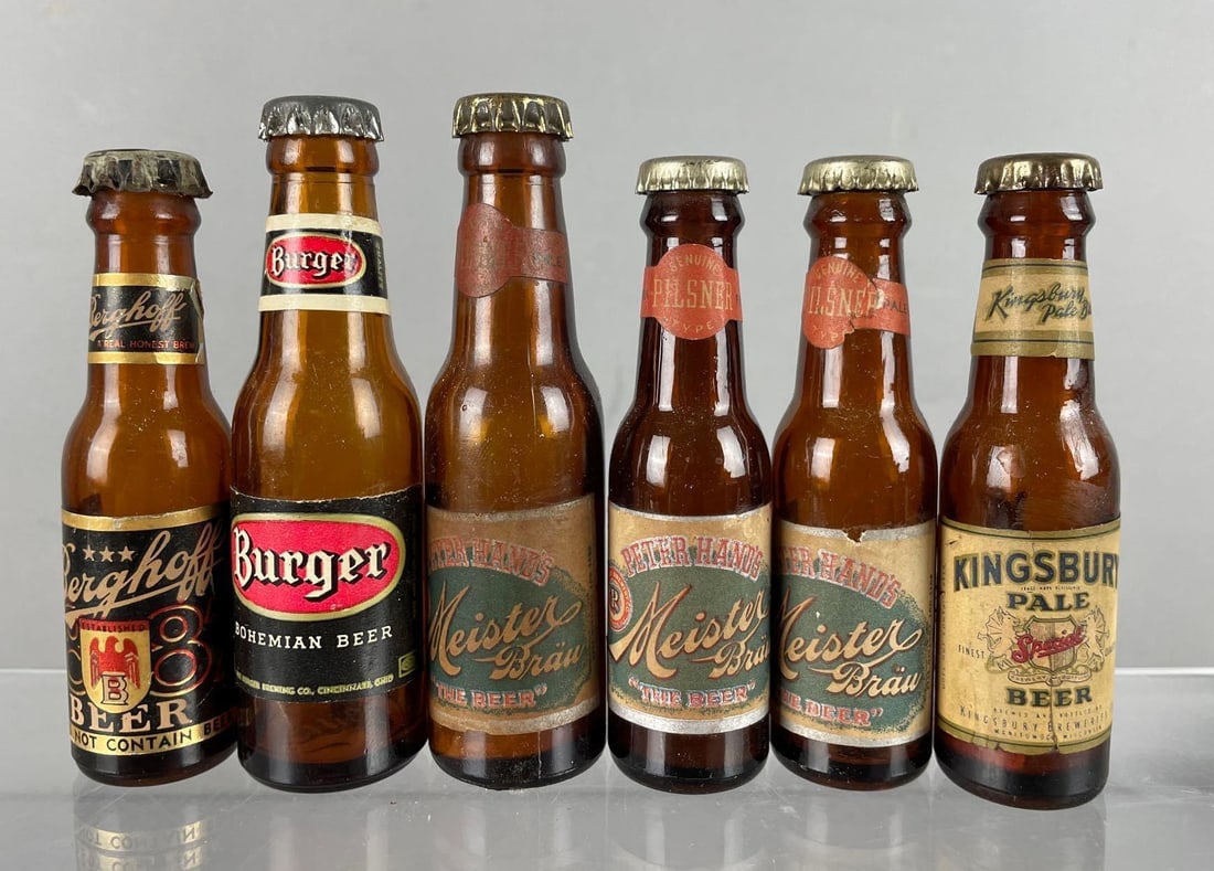 Group of 6 Vintage Miniature Beer Bottles: Includes burger, Berghoff, meister Brau, Kingsbury pale, tallest measures 4 1/2 inches