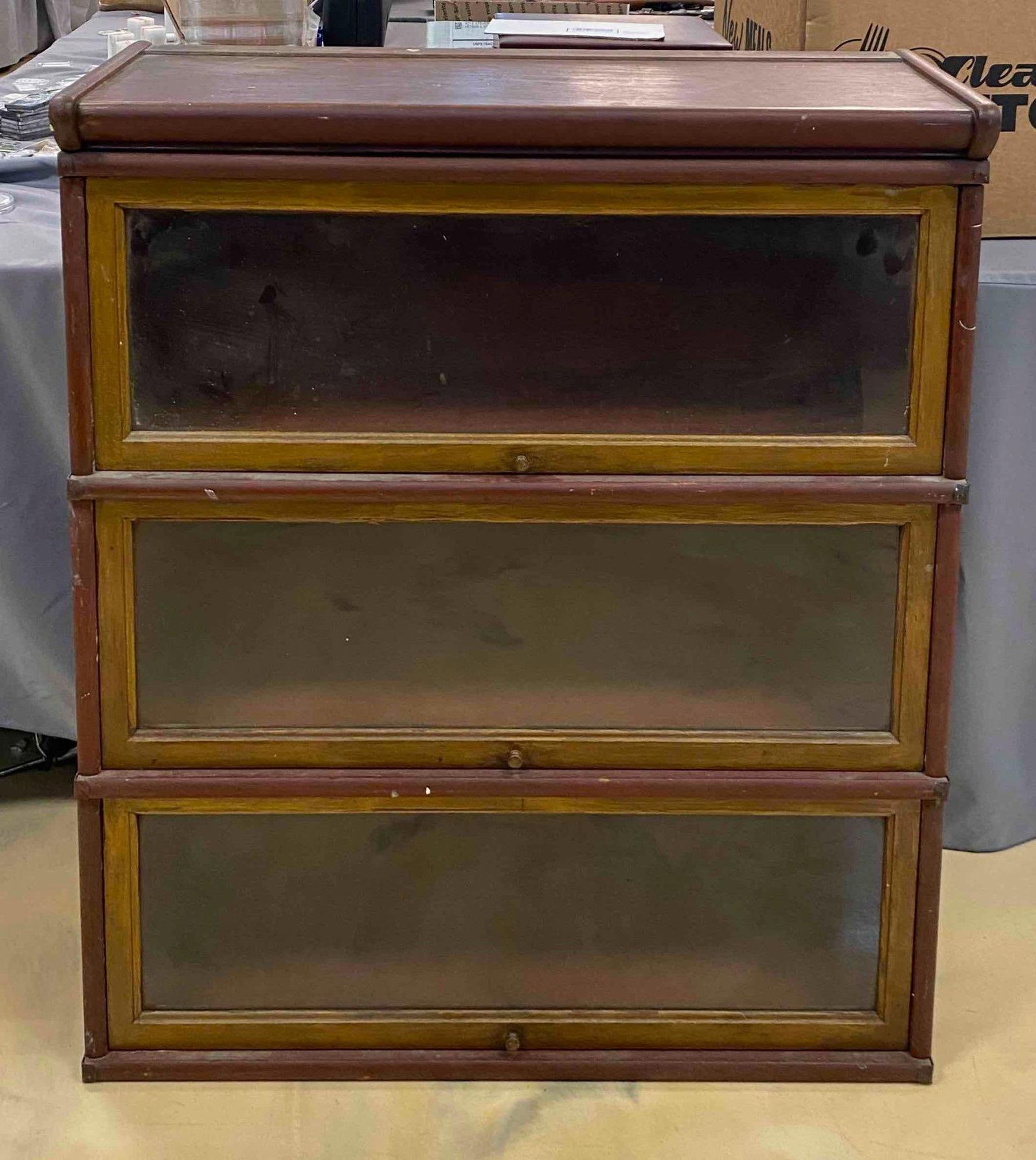 Vintage Wood 3 Shelf Lawyers Cabinet: NO IN HOUSE SHIPPING AVAILABLE, THIRD PARTY SHIPPING RECOMMENDED, scratches and wear throughout, measures 40 inches H x 34 inches W x 12 inches D