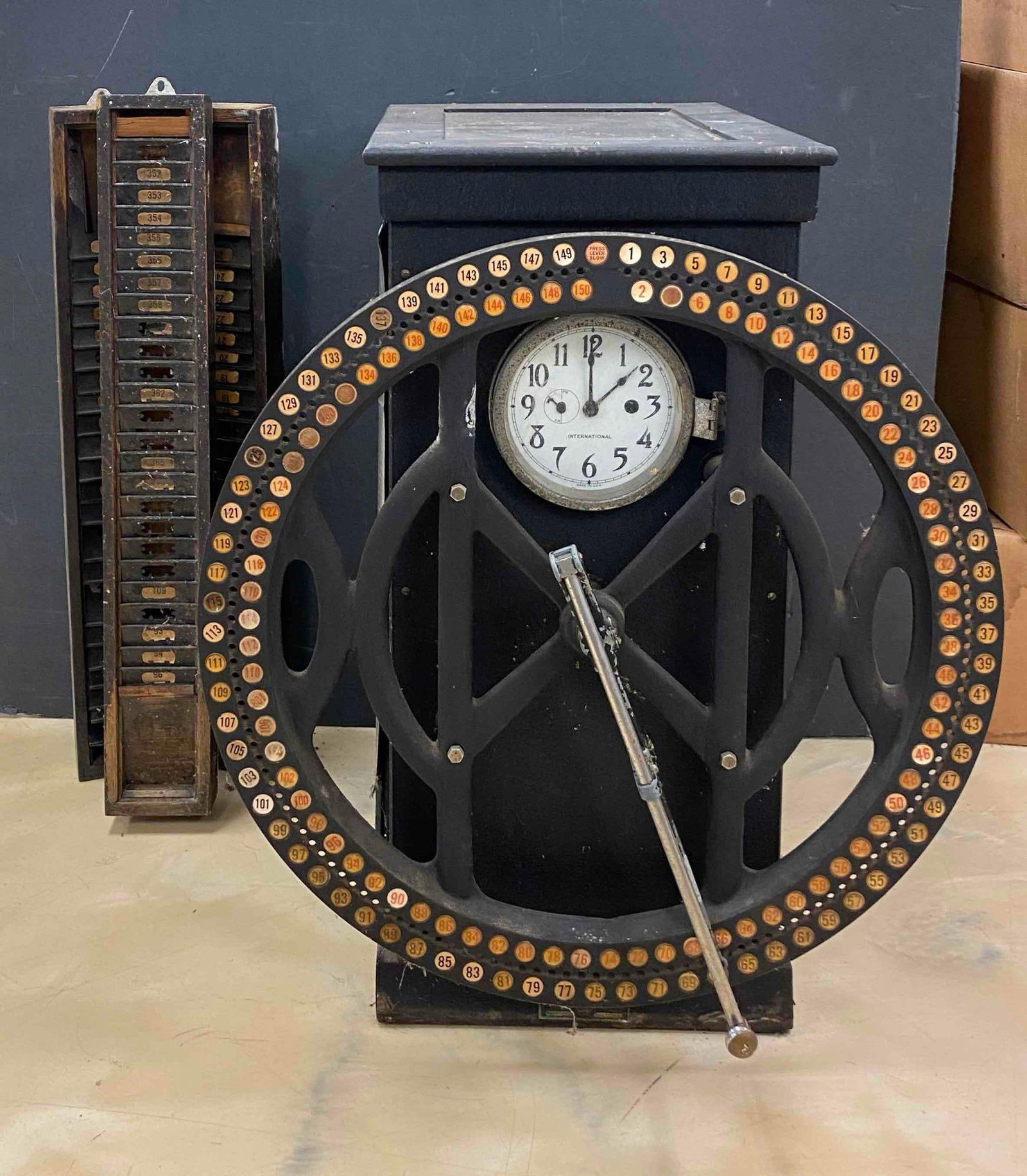 Antique IBM Dial Time Recorder with Time Card Holders: NO IN HOUSE SHIPPING AVAILABLE, THIRD PARTY SHIPPING RECOMMENDED, untested, wear throughout, missing glass panel on left door, dial time recorder measures 35 inches H x 29 inches w x 28 inches D