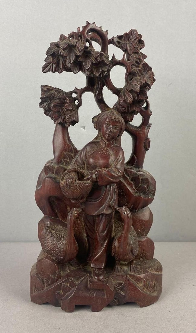 Vintage Chinese Girl Feeding Geese Carved Sculpture: Measure H 10 x W 2 x L 5 inches.