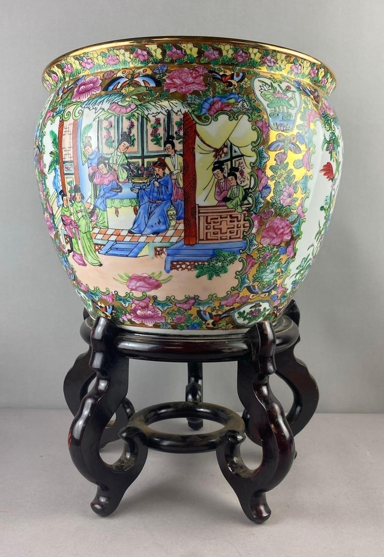 Vintage Chinese Porcelain Fish Bowl: Comes with wood stand . Bowl measures H 12 x W 14 1/2 inches.
