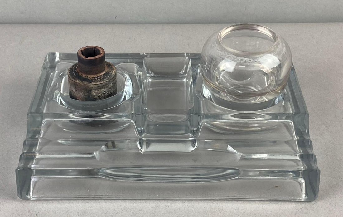 Vintage Press Glass Ink Stand: Missing one ink well. Measures H 1 x W 6 x L 9 inches.