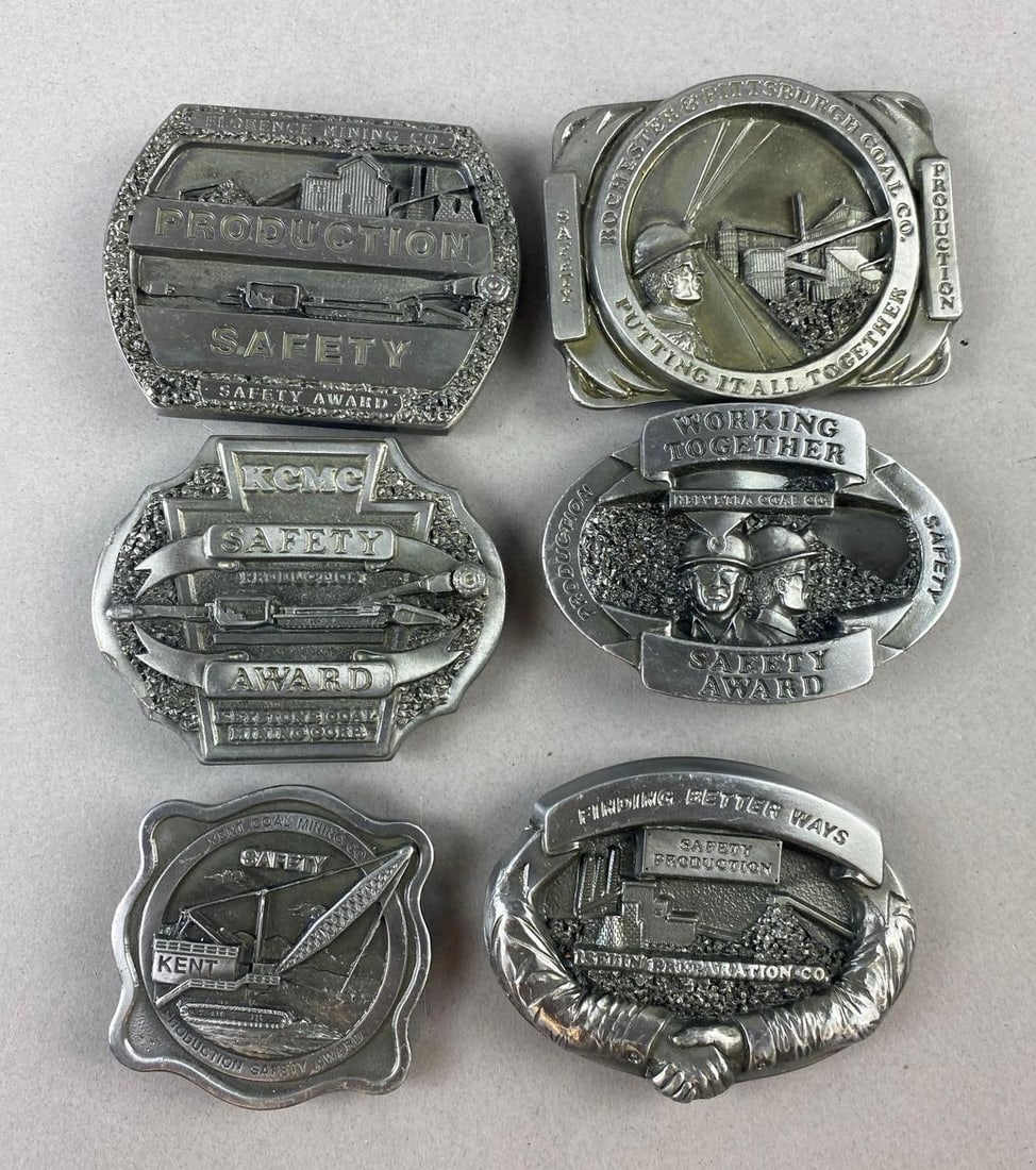 Group of 6 Pewter Miner Safety Award Belt Buckles (1 of 2)