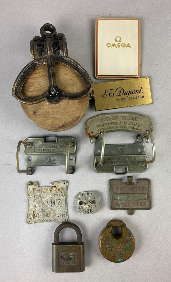 Group of Assorted Antique Desk Decor and More: Includes Pully, vehicle tax tag, and more. Largest measures L 5 x W 4 inches.