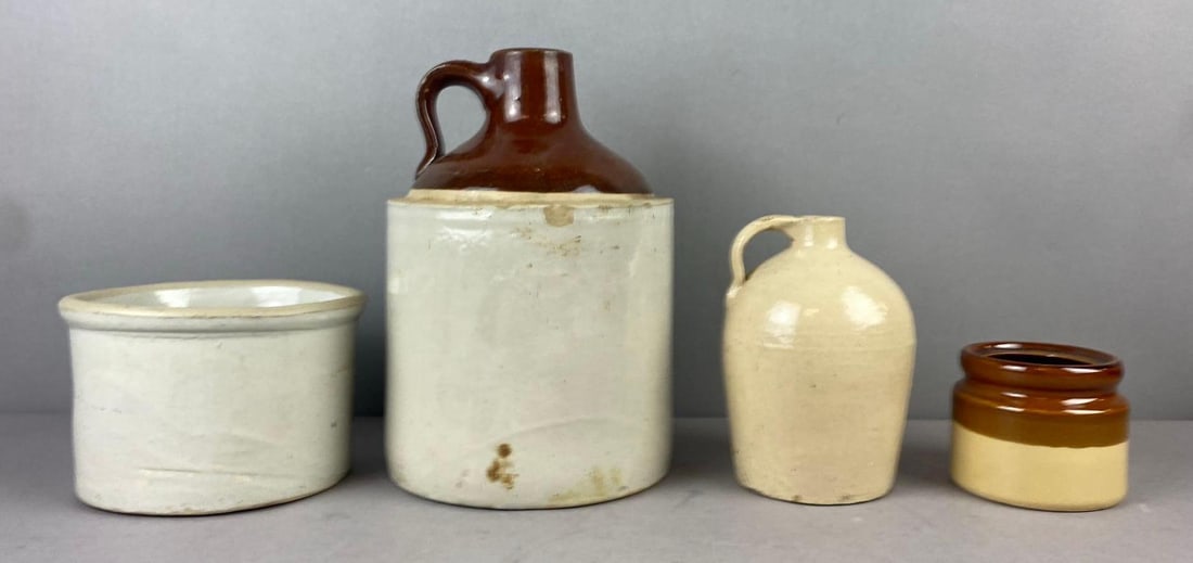 Group of 4 Stoneware Jugs and More: Includes bowls. Largest measures 9 inches tall.